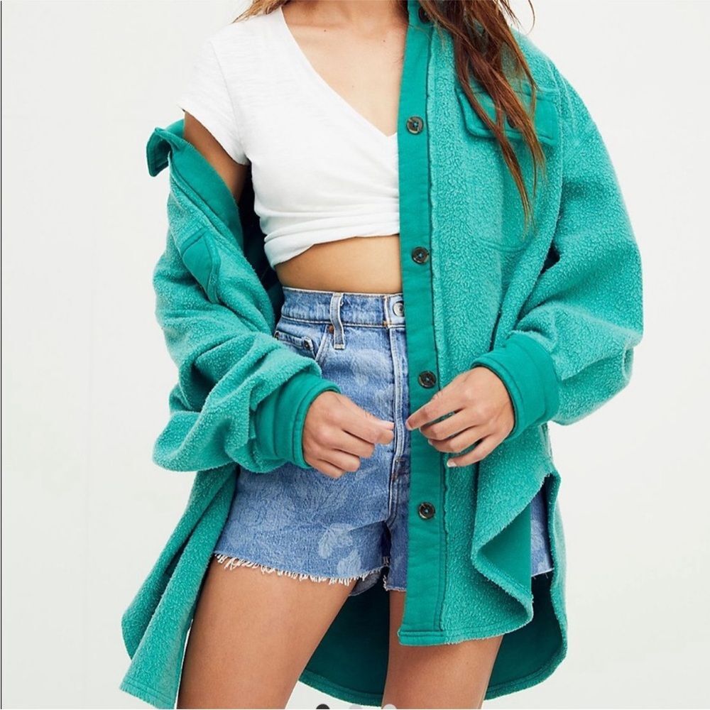 Free People Ruby Jacket Shacket Oversized Fleece in Watermelon Rind Green Sz S